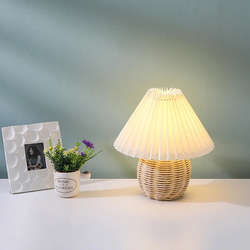 Pleated LED Table Lamp with Rattan Base – Vintage Bedside Light | Decorative Reading Lamp | Modern Home Accent Lighting