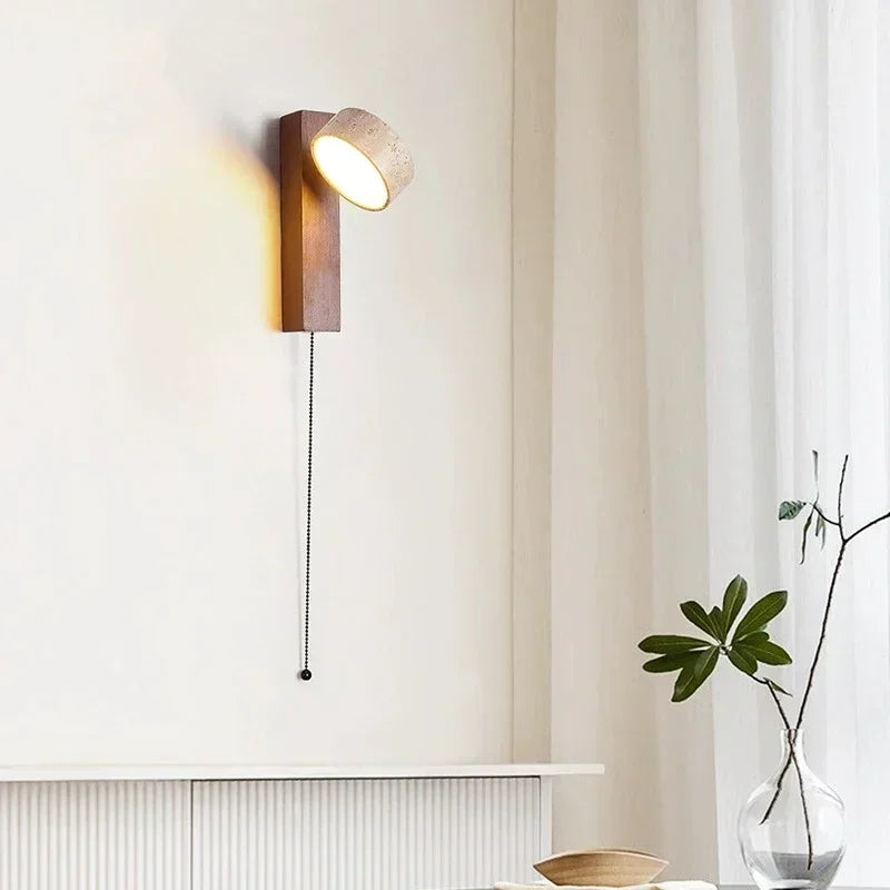 Zenora Pull Wall Light – Natural Stone & Walnut LED Lamp | Japandi Bedside Lighting | Minimalist Interior Elegance
