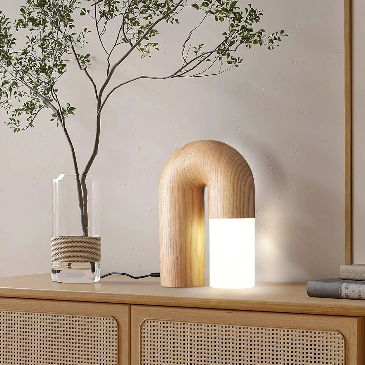 ArcForma Designer Table Lamp – Contemporary Curved Lighting | Modern Wooden Accent Lamp