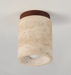 Travertine & Walnut Ceiling Light – Wabi-Sabi Japandi Flush Mount Lamp | Natural Ambient Interior Lighting