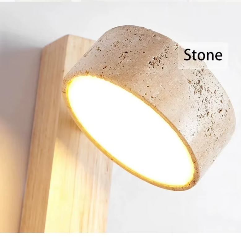 Zenora Pull Wall Light – Natural Stone & Walnut LED Lamp | Japandi Bedside Lighting | Minimalist Interior Elegance