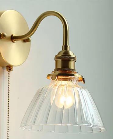 Nordic Copper Wall Light – E26 Glass Wall Lamp with Pull Cord Switch | Elegant Bathroom & Bedroom Lighting | Contemporary Scandinavian Design