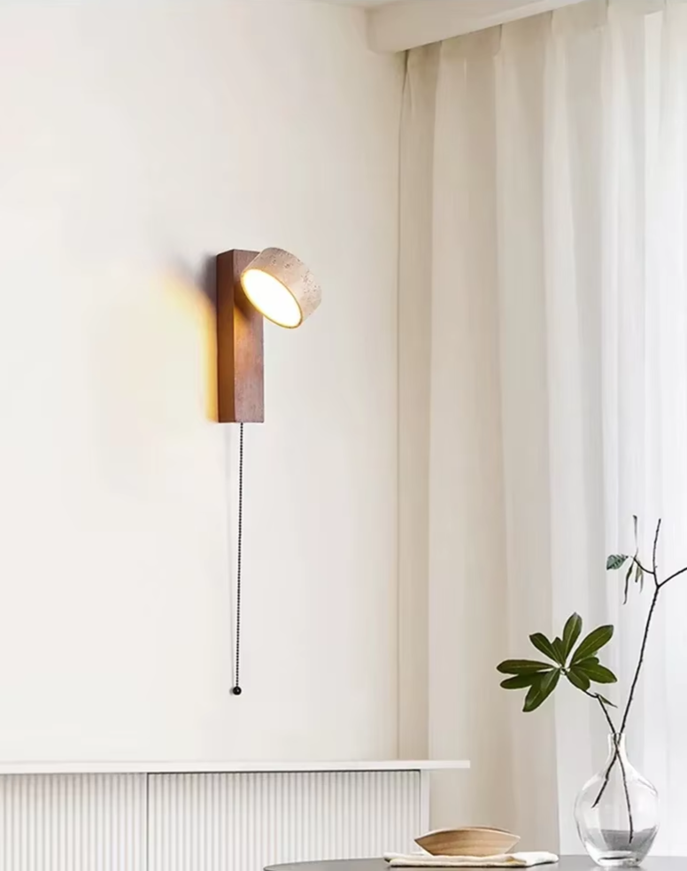 Zenora Pull Wall Light – Natural Stone & Walnut LED Lamp | Japandi Bedside Lighting | Minimalist Interior Elegance