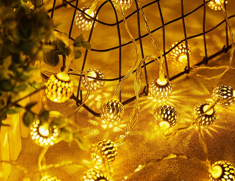 Moroccan Metal Globe LED String Lights – Battery-Powered Decorative Lights for Christmas, Home & Party Décor
