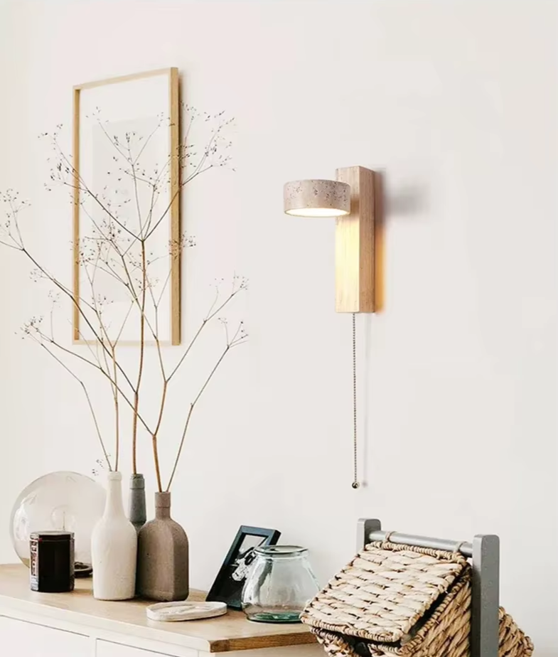 Zenora Pull Wall Light – Natural Stone & Walnut LED Lamp | Japandi Bedside Lighting | Minimalist Interior Elegance
