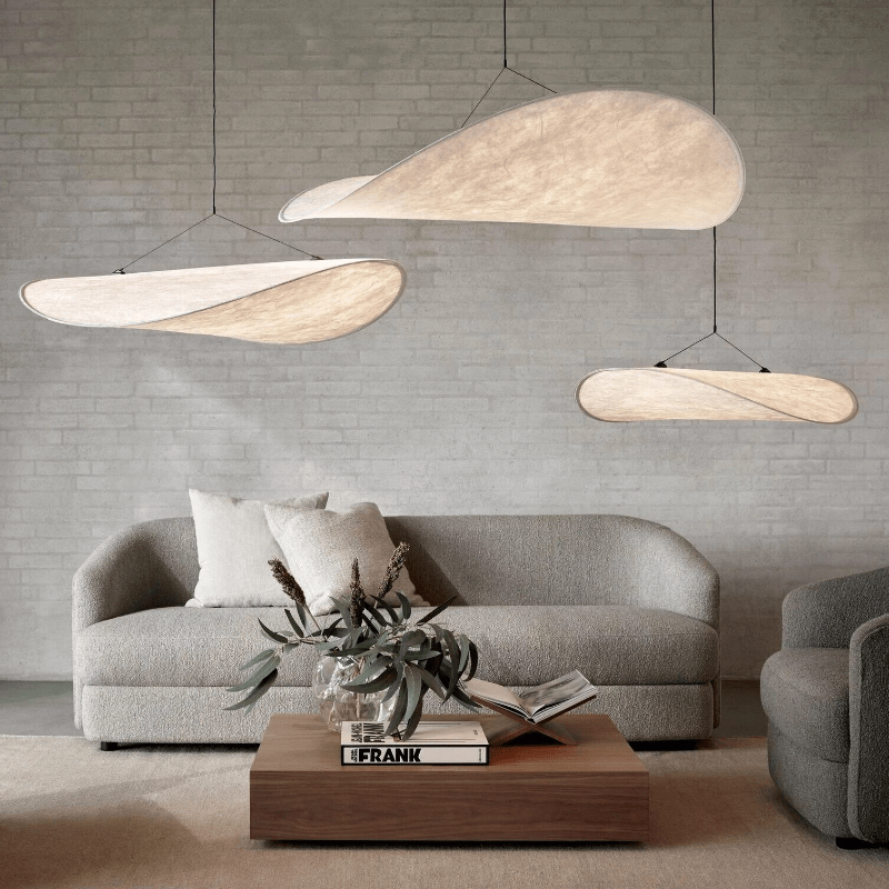 Akari Japandi Silk Chandelier – Luxury Fabric Pendant Light | Minimalist Japanese Scandinavian Ceiling Lamp