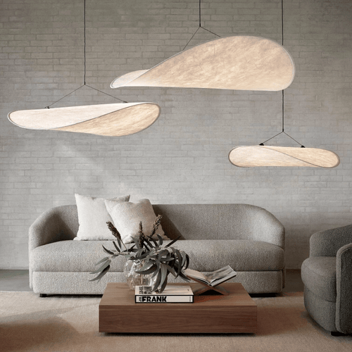 Akari Japandi Silk Chandelier – Luxury Fabric Pendant Light | Minimalist Japanese Scandinavian Ceiling Lamp