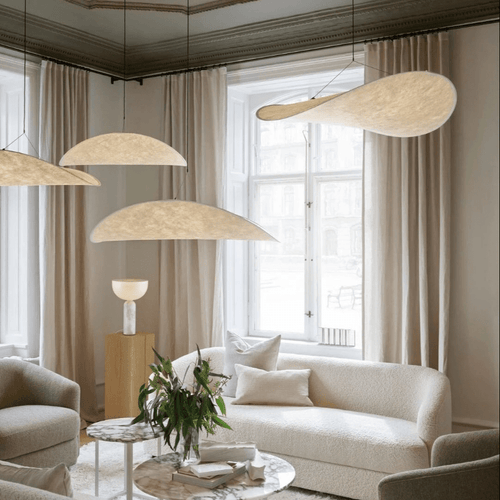 Akari Japandi Silk Chandelier – Luxury Fabric Pendant Light | Minimalist Japanese Scandinavian Ceiling Lamp
